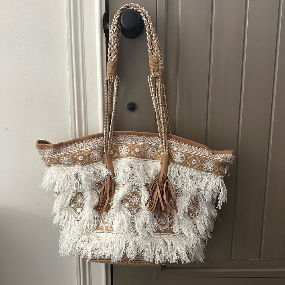 Bohemian Fringe Tote Bag - Tan and Cream